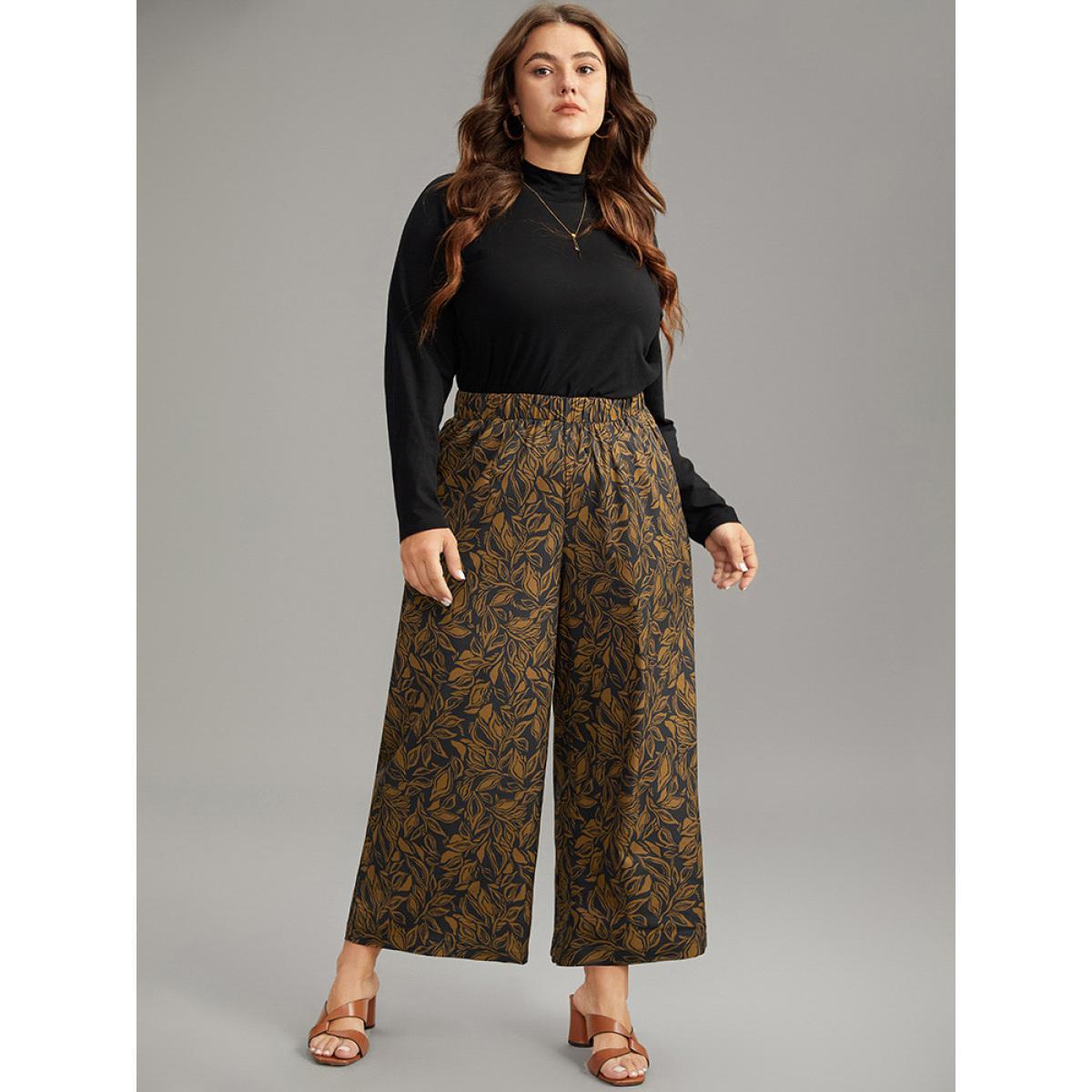 Plus Size Silhouette Floral Print Elastic Waist Wide Leg Pants Women Black Vacation Wide Leg High Rise Dailywear Pants BloomChic 30/6X Product Image