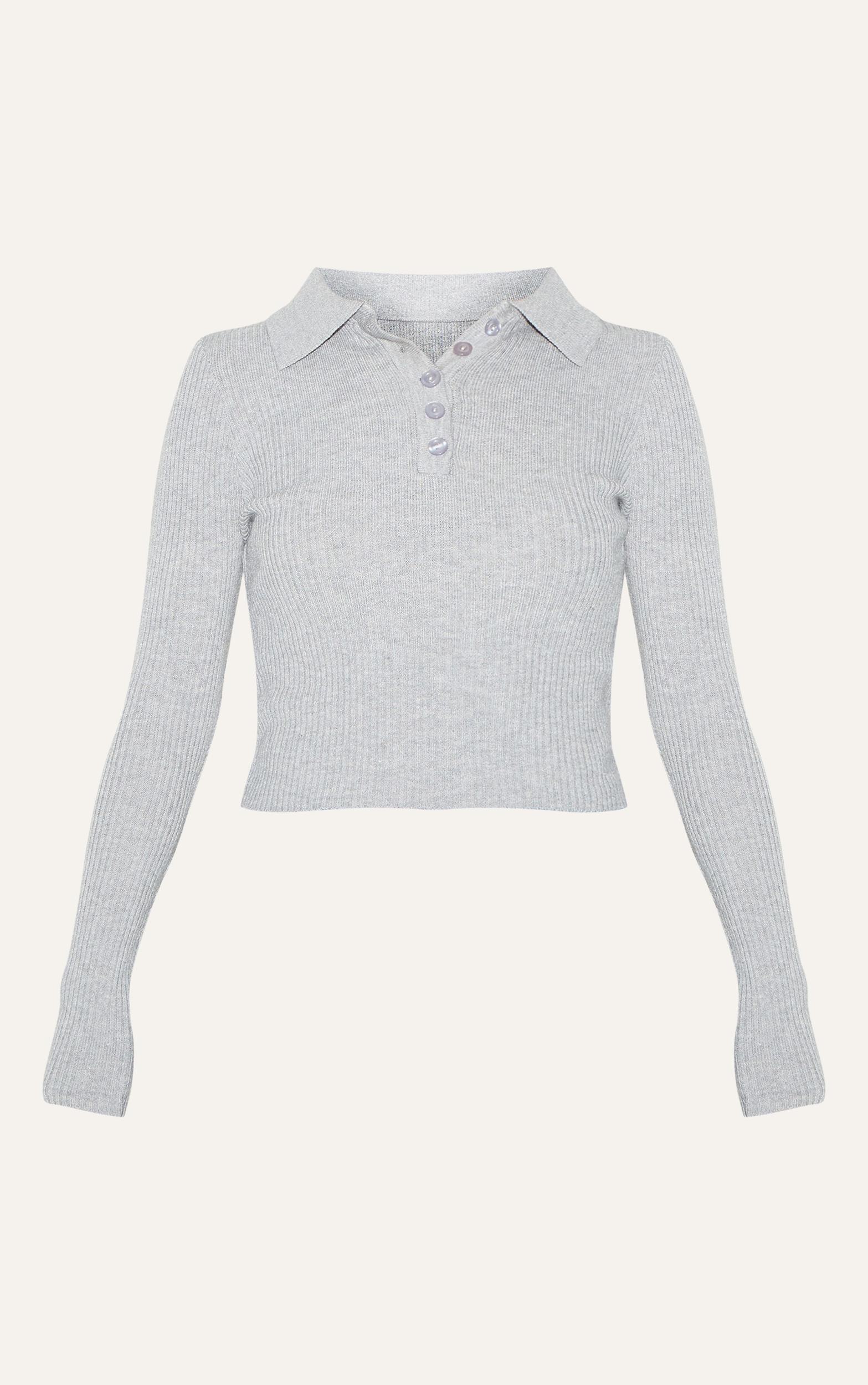 Petite Grey Knit Collared Longline Top Product Image