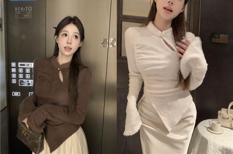 Long Sleeve Mandarin Collar Plain Keyhole Knit Top Product Image