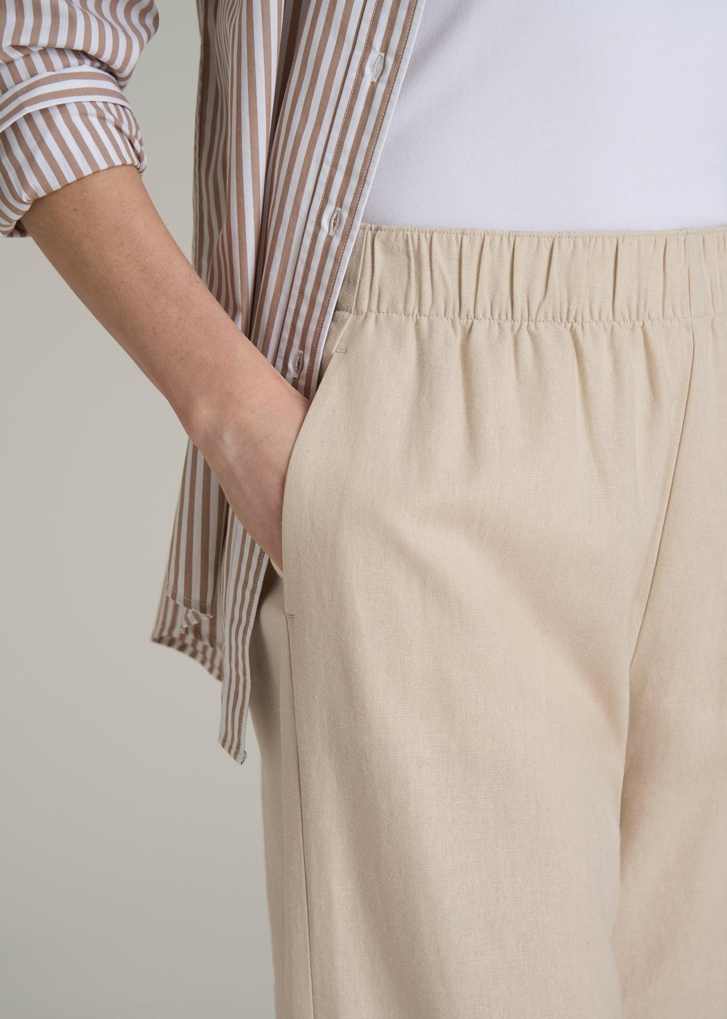 Pull On Wide Leg Linen Pants for Tall Women in Light Stone Product Image
