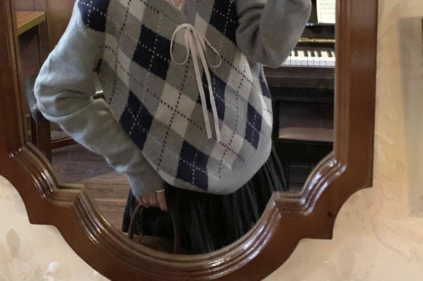 V-Neck Argyle Bow Accent Knit Top Product Image