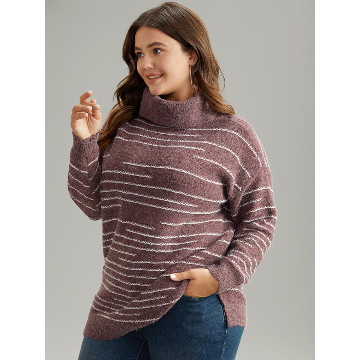 Plus Size Striped Heather Turtleneck Split Hem Pullover Burgundy Women Casual Loose Long Sleeve Turtleneck Everyday Pullovers BloomChic 28/5X Product Image