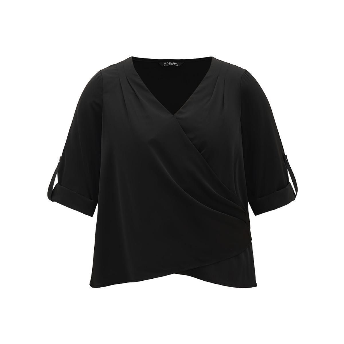 Plus Size Black Plain Tab Sleeve Wrap Pleated Blouse Women Work From Home Long Sleeve V-neck Work Blouses BloomChic 12/L Product Image