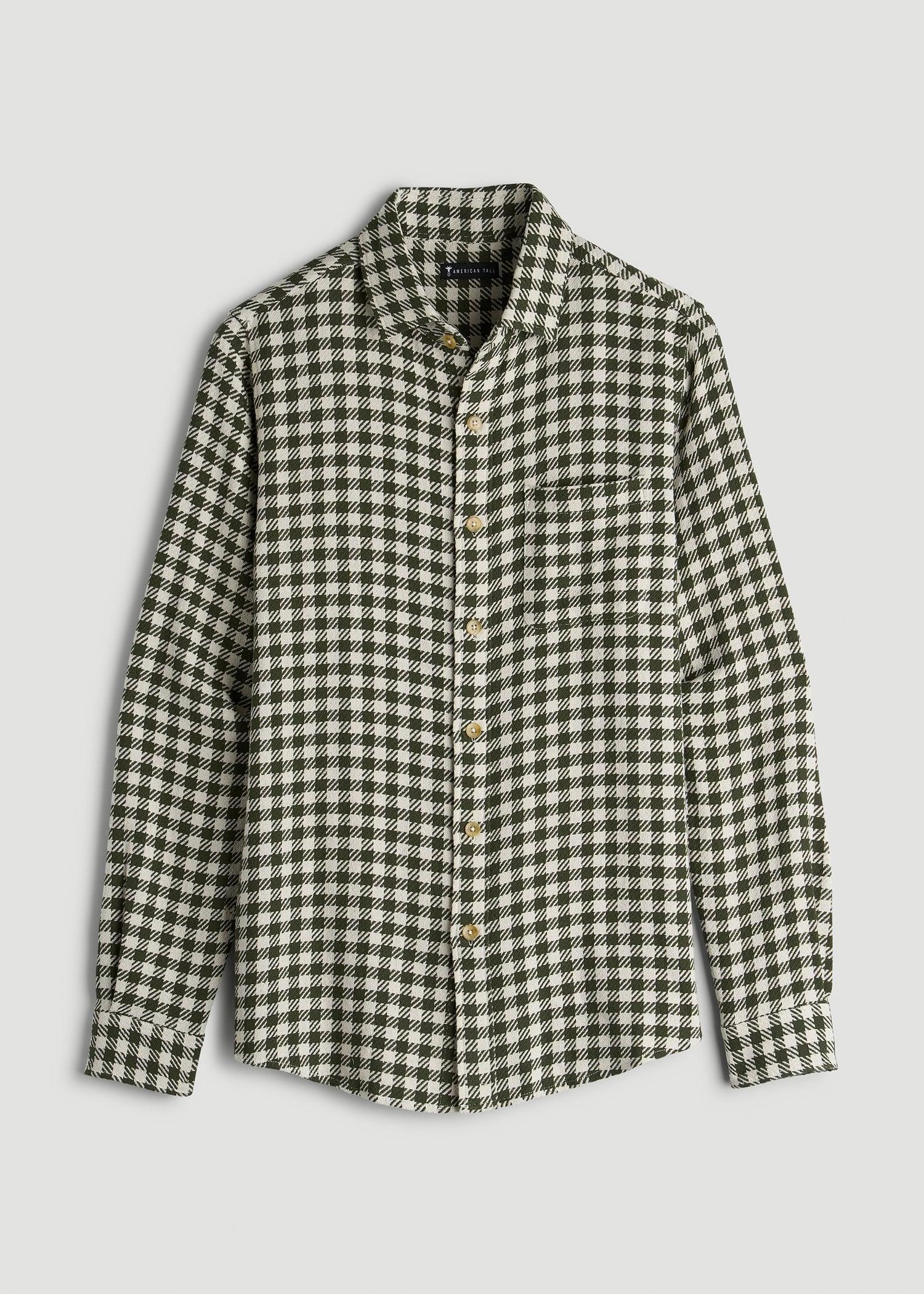 Lightweight Woven Overshirt for Tall Men in Olive and Ecru Check Product Image