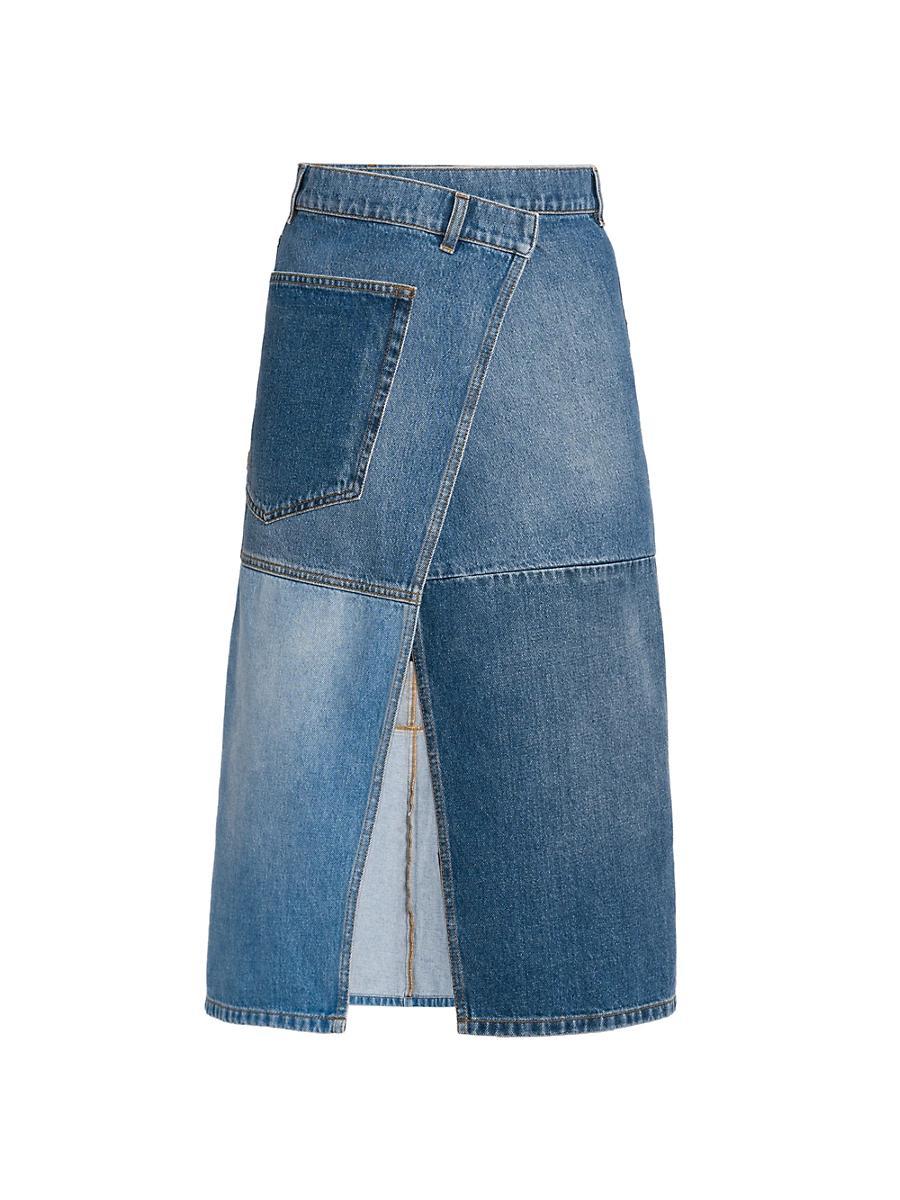 Womens Asymmetric Patchwork Denim Midi-Skirt Product Image