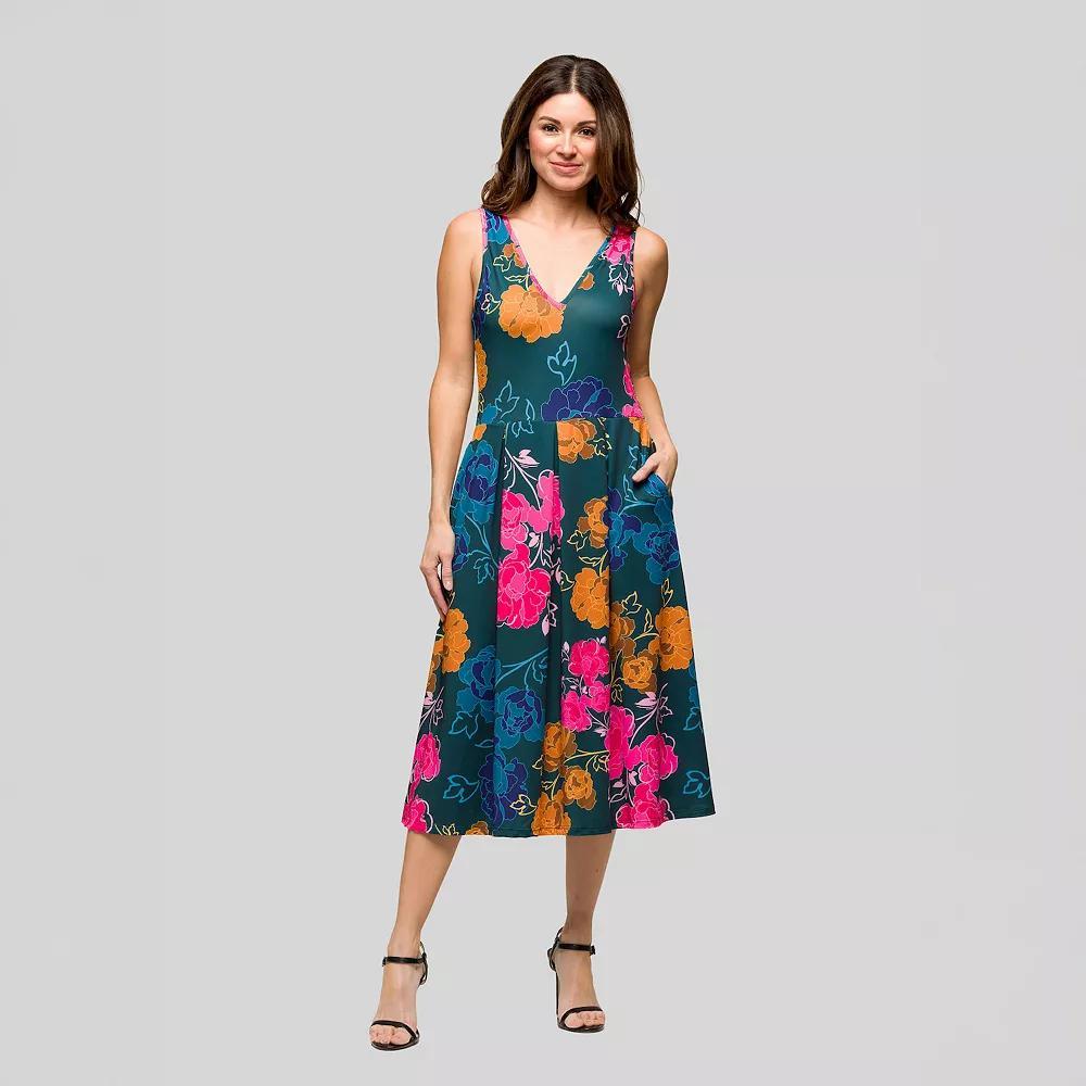 Women's 24Seven Comfort Apparel Sleeveless Pleated Midi Pocket Dress, Size: Medium, Green Team Product Image