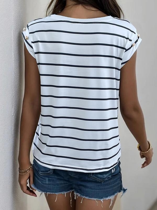 Loose Short Sleeves Split-Joint Striped Round-Neck T-Shirts Product Image