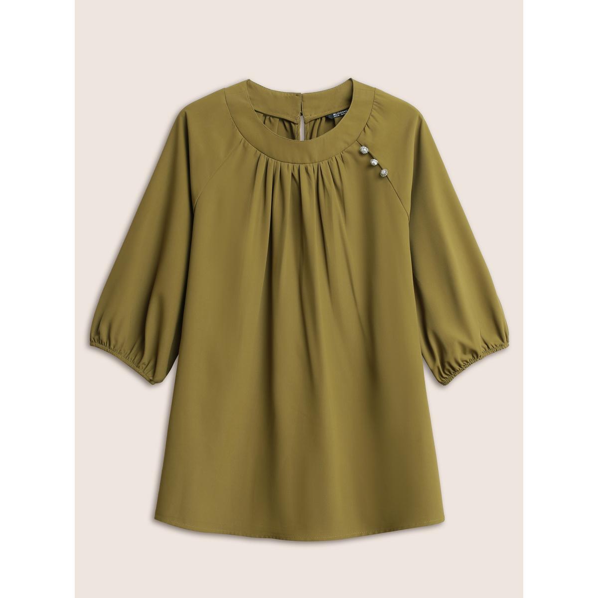 Plus Size ArmyGreen Static-Free Plain Gathered Button Detail Blouse Women At the Office Elbow-length sleeve Round Neck Work Blouses BloomChic 12/L Product Image