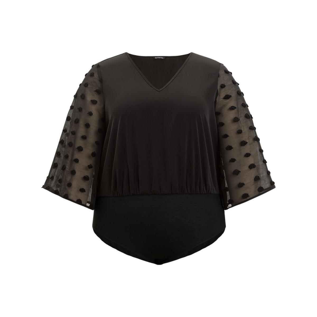 Plus Size Polka Dot Patchwork Mesh Bell Sleeve Bodysuit Women Black Plain See through Bodysuits BloomChic 10/M Product Image