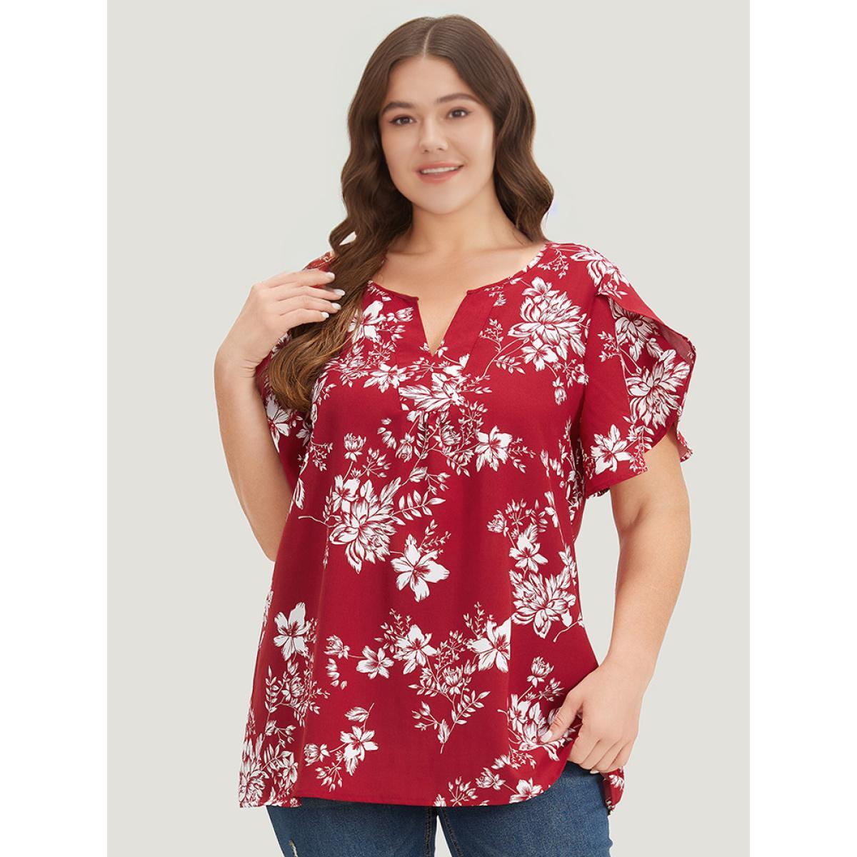 Plus Size Scarlet Silhouette Floral Print Notched Petal Sleeve Blouse Women Elegant Short sleeve Notched collar Dailywear Blouses BloomChic 10/M Product Image