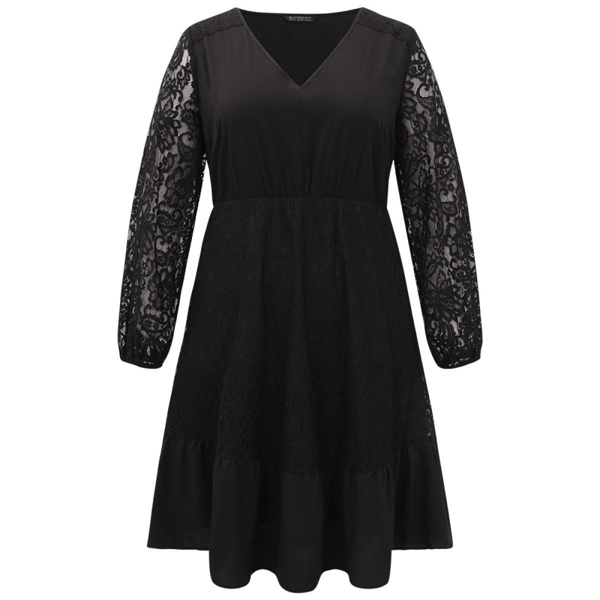 Plus Size Lace Panel Mesh Flutter Hem Dress Black Women Elegant Elastic cuffs V-neck Long Sleeve Curvy Midi Dress BloomChic 14-16/1X Product Image