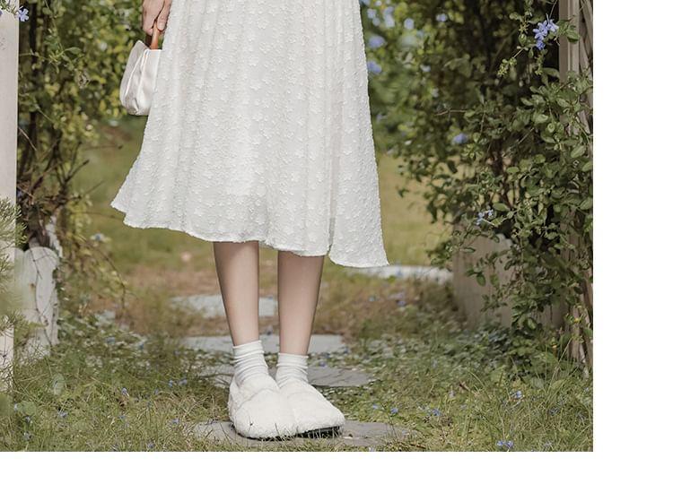 Puff-Sleeve Floral Applique Ruffled Midi A-Line Dress / Tweed Hooded Cloak Product Image