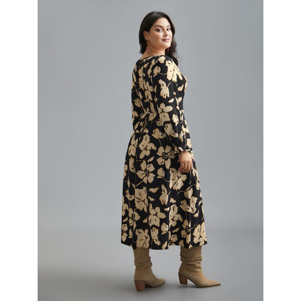 Plus Size Square Neck Silhouette Flower Ruffled Dress Black Women Resort Tie knot Square Neck Long Sleeve Curvy BloomChic 28/5X Product Image