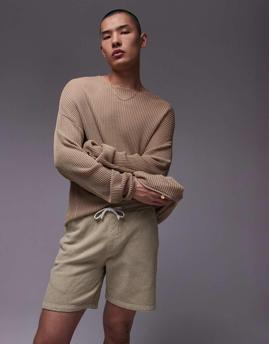 Topman textured shorts in stone Product Image