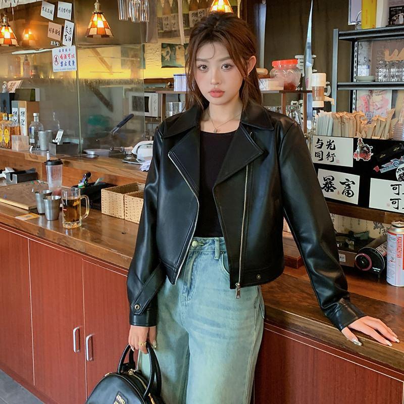 Lapel Collared Faux Leather Biker Jacket Product Image