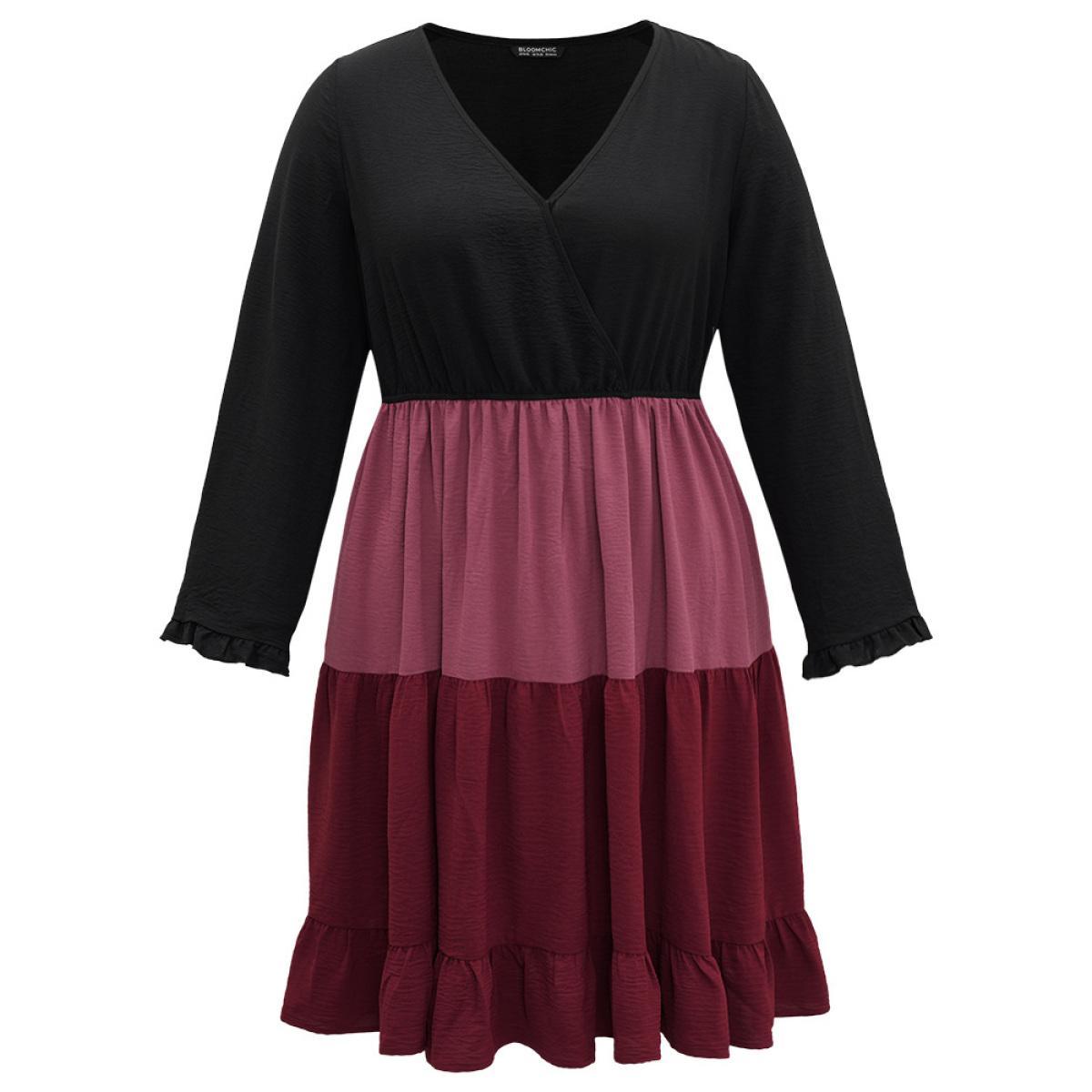 Plus Size Colorblock Contrast Ruffle Layered Hem Dress Black Women Casual Gathered V-neck Long Sleeve Curvy Midi Dress BloomChic 22-24/3X Product Image