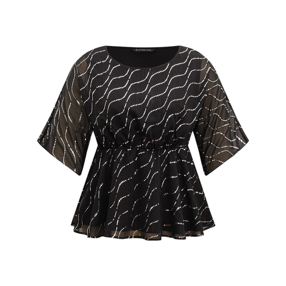 Plus Size Black Chiffon Rhinestone Mesh Patchwork Elastic Waist Blouse Women Glamour Half Sleeve Round Neck Going out Blouses BloomChic 18-20/2X Product Image