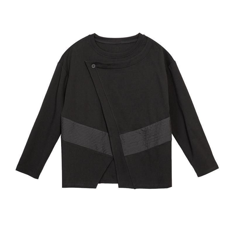 Long Sleeve Crew Neck Plain Panel Pintuck Top Product Image
