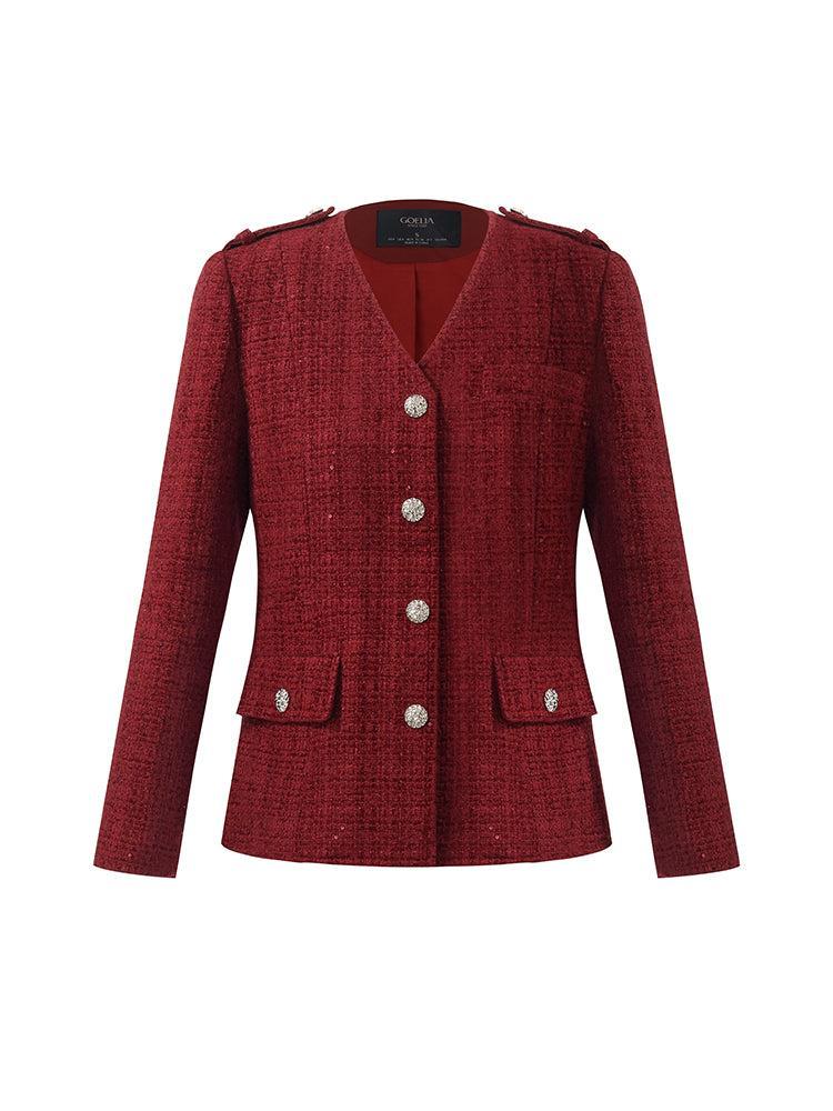 V-Neck Single-Breasted Tweed Women Jacket Product Image