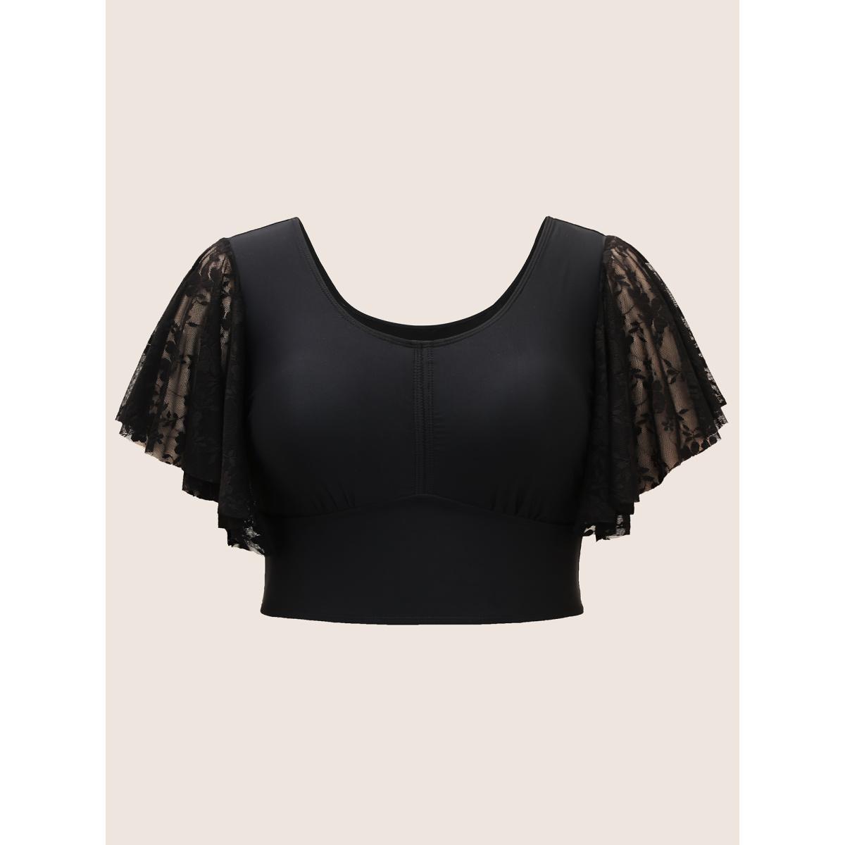 Plus Size U Neck Crochet Lace Mesh Swim Top Women's Swimwear Black Beach Texture High stretch Skinny U-neck Curve Swim Tops BloomChic 30/6X Product Image