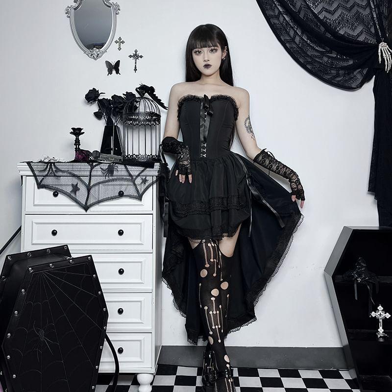 Strapless Plain Bow Lace Trim High Low A-Line Corset Dress Product Image