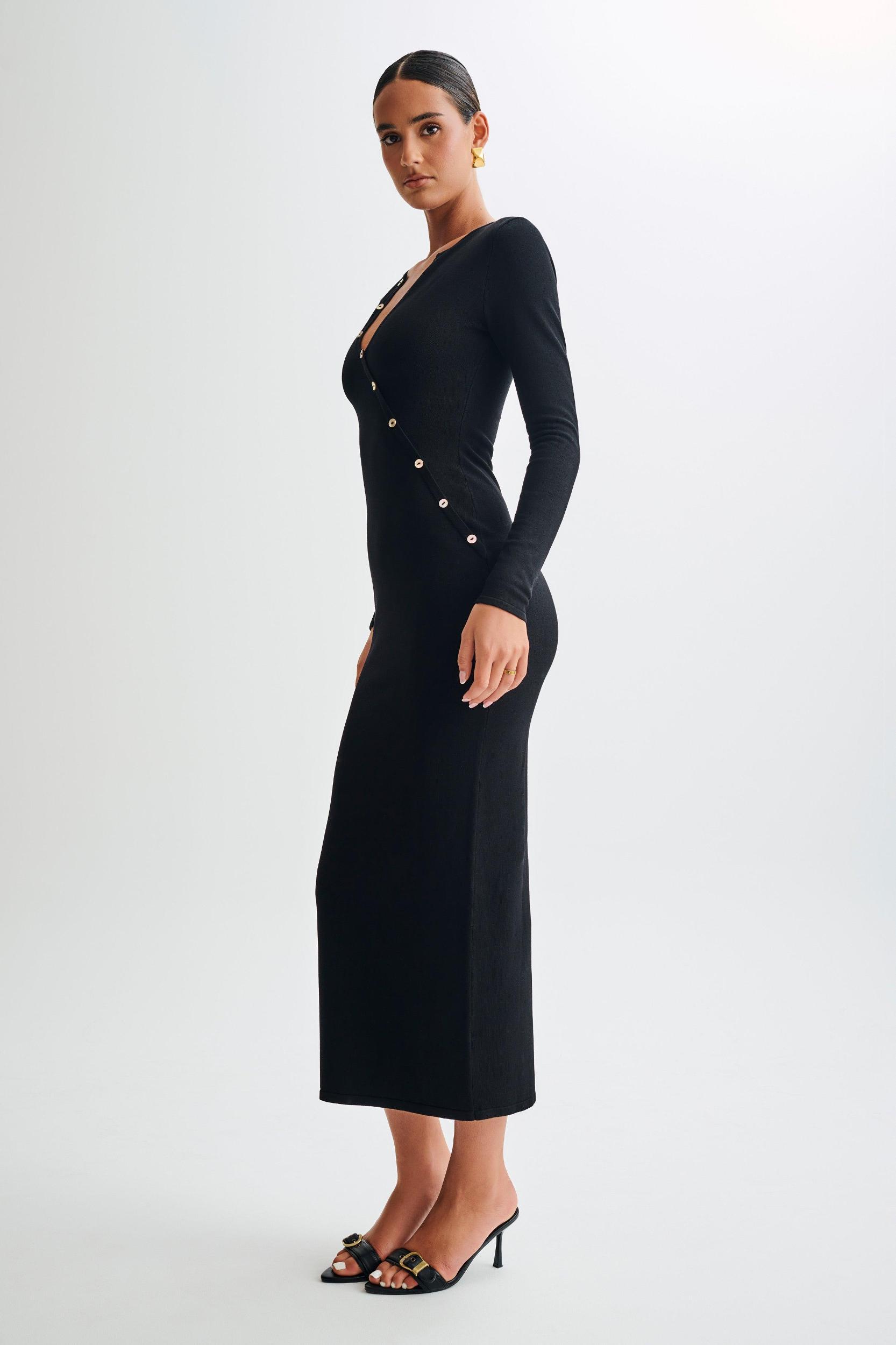 Maria Long Sleeve Buttoned Knit Maxi Dress - Black Product Image