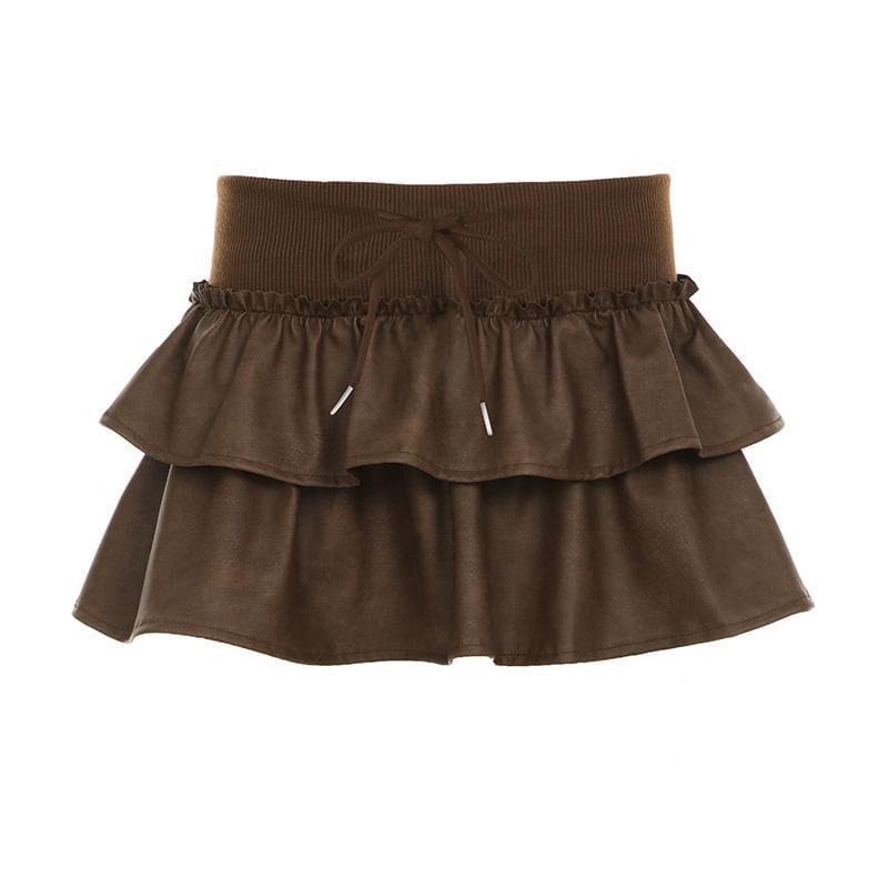 High Rise Faux Leather Layered Mini A-Line Skirt Product Image