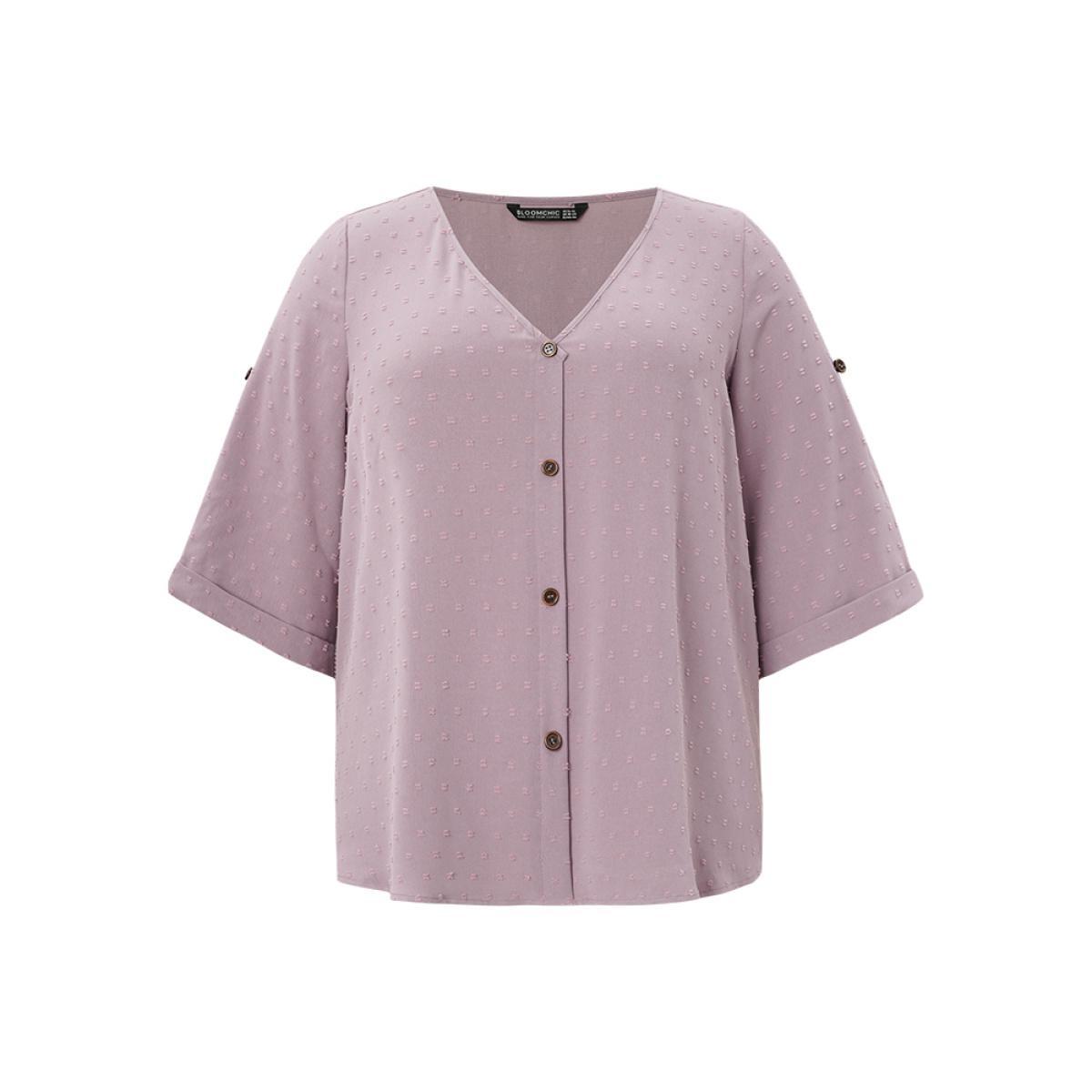 Plus Size Mauve Polka Dot V Neck Button Detail Cuffed Sleeve Blouse Women Office Elbow-length sleeve V-neck Work Blouses BloomChic 22-24/3X Product Image