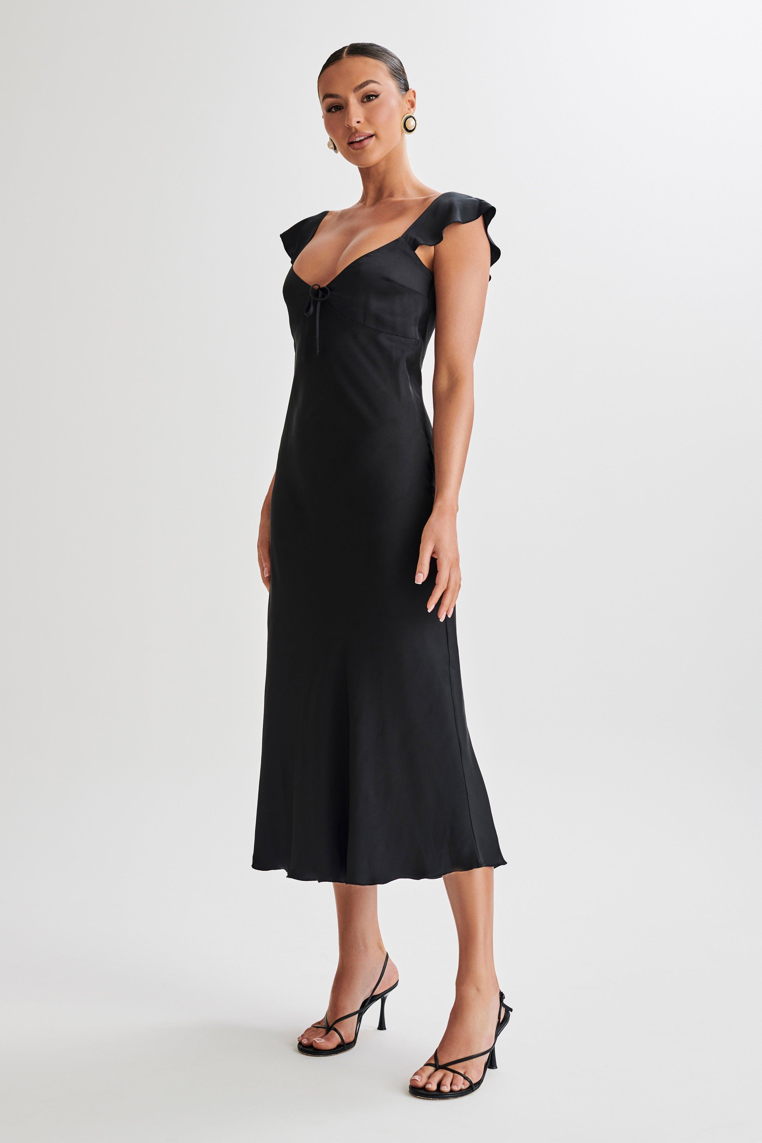 Chantal Short Sleeve Satin Midi Dress - Black Product Image