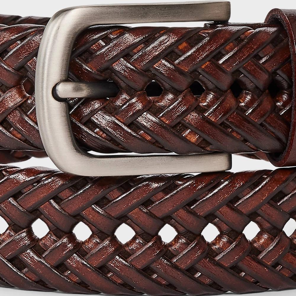 Men's Leather Braided Fully Adjustable Belt - Goodfellow & Co™ Brown L: Bonded Leather, Buckle Closure Product Image