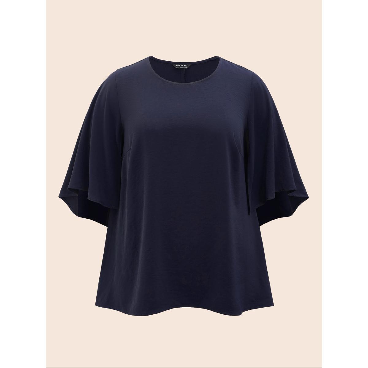 Plus Size Indigo Plain Mesh Flutter Sleeve Hanky Hem Blouse Women Office Elbow-length sleeve Round Neck Dailywear Blouses BloomChic 26/4X Product Image