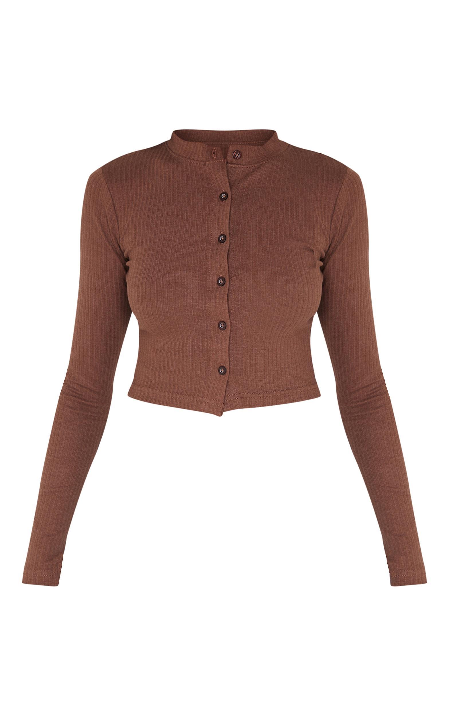 Chocolate Ribbed Button Down Detail Long Sleeve Top Product Image