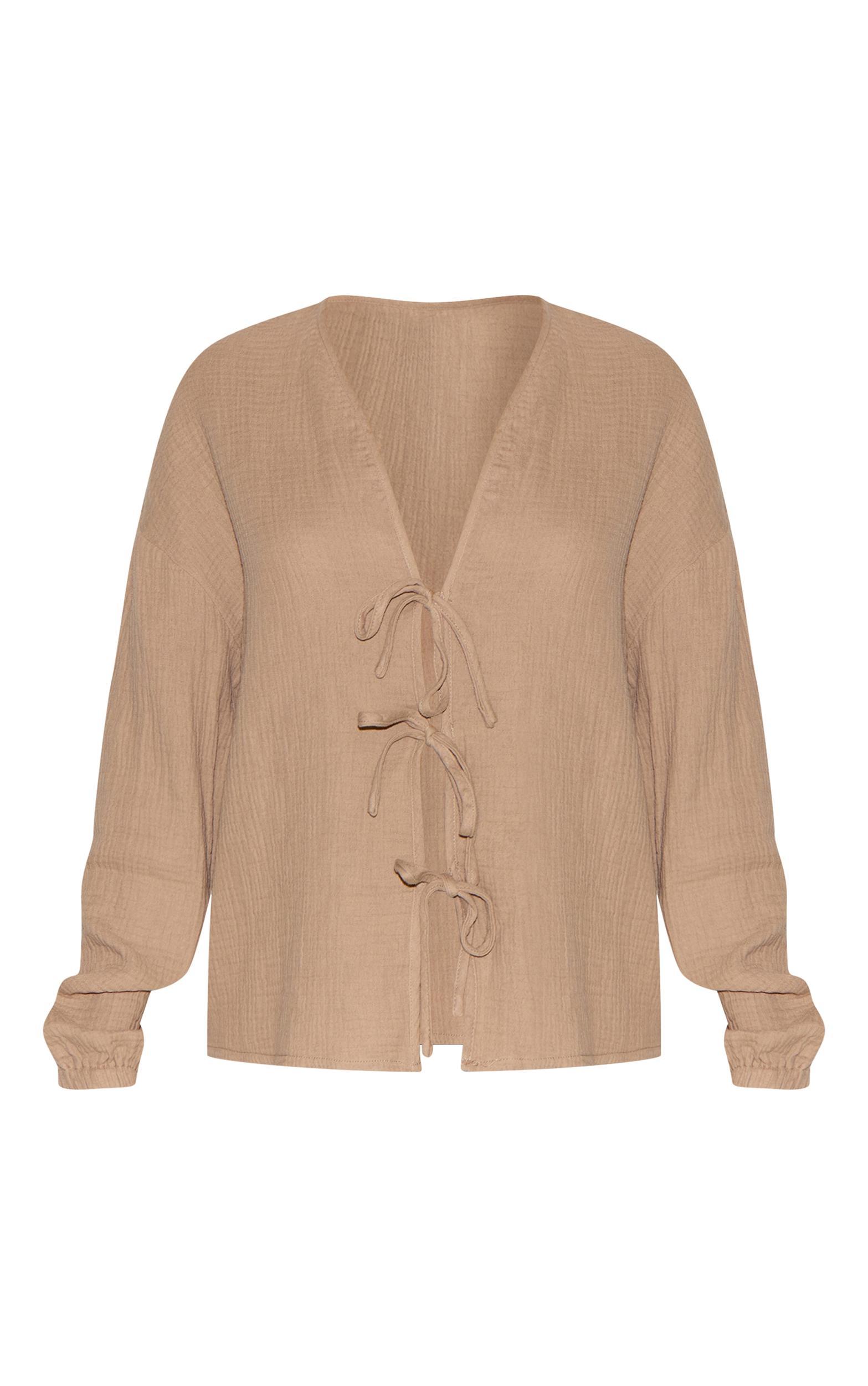 Petite Mushroom Cheesecloth Textured Tie Front Shirt Product Image