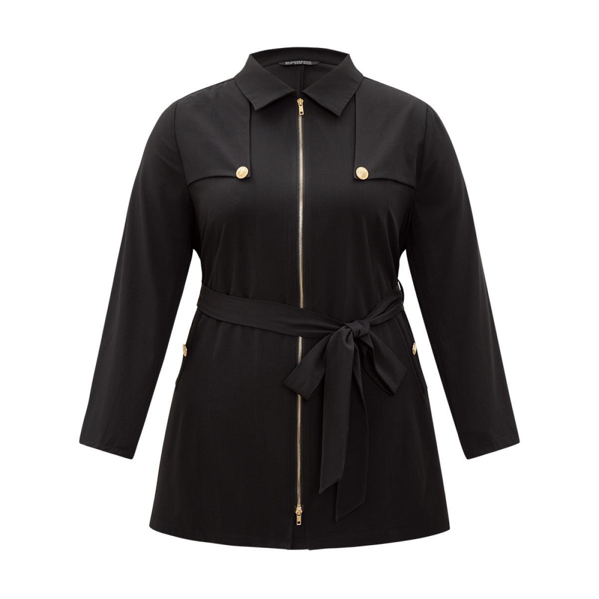 Plus Size Solid Belted Button Detail Zipper Pocket Coat Women Black Plain Pocket Belt Dailywear Jackets BloomChic 22-24/3X Product Image
