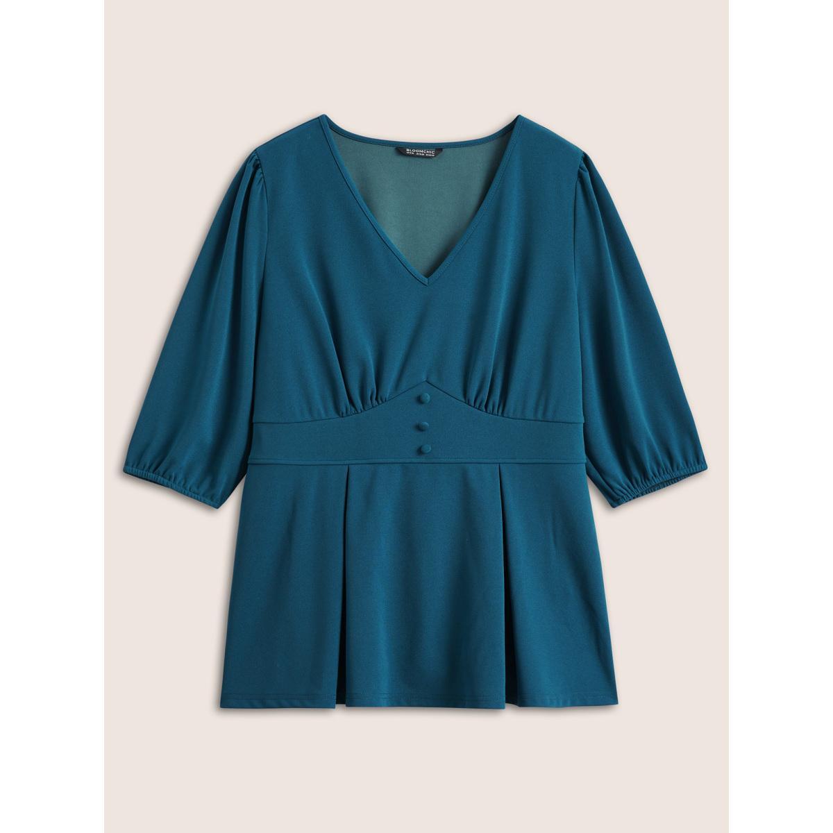 Plus Size Aegean Plain Plicated Detail Button Detail Blouse Women At the Office Elbow-length sleeve V-neck Work Blouses BloomChic 12/L Product Image