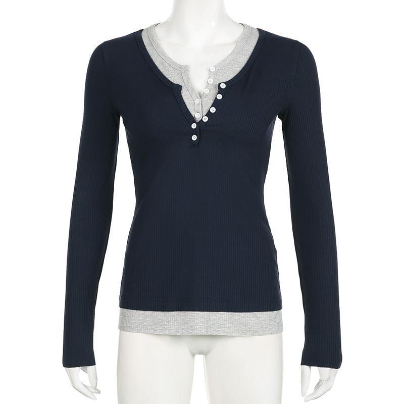 Long Sleeve V-Neck Mock Two Piece Tee Product Image