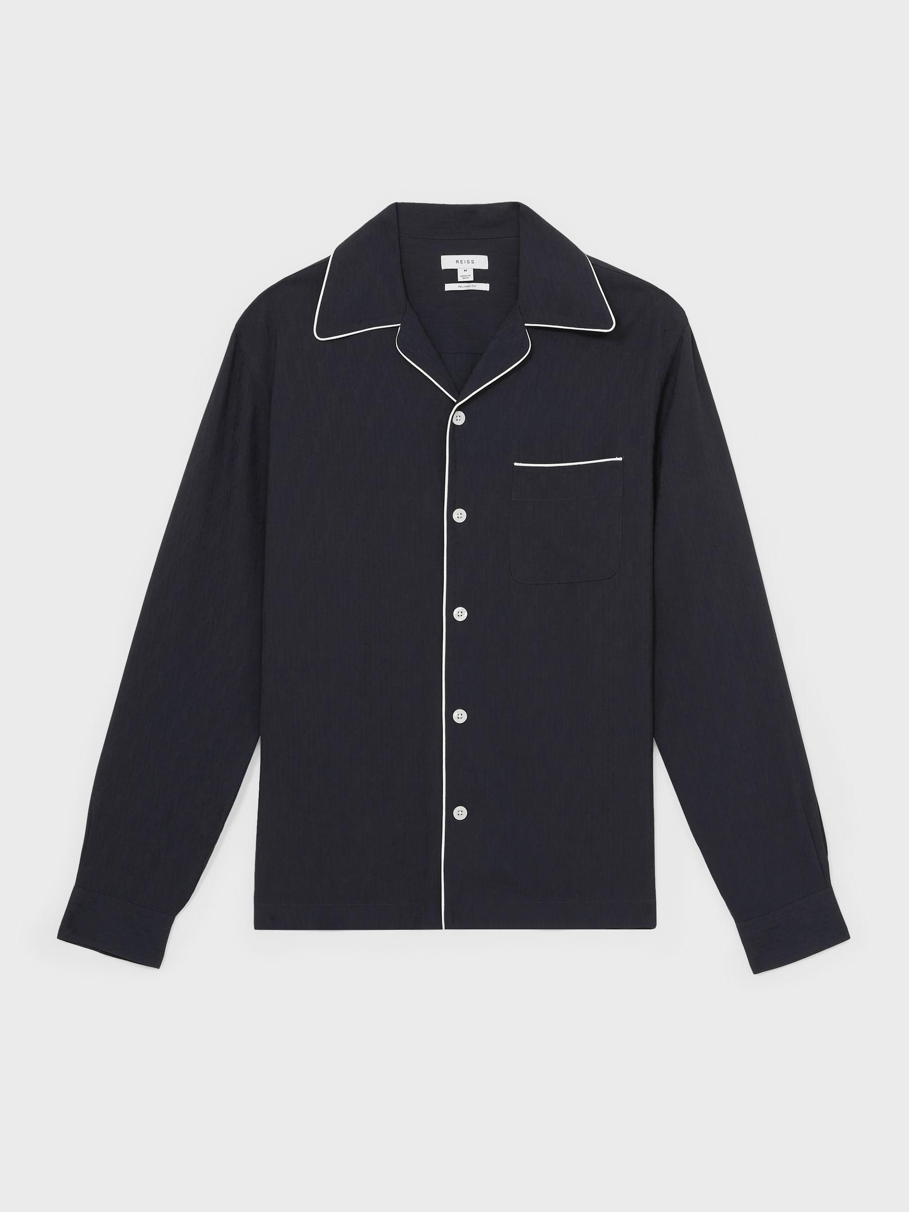 Cuban Collar Shirt with Piping Detail Shirt in Navy Product Image