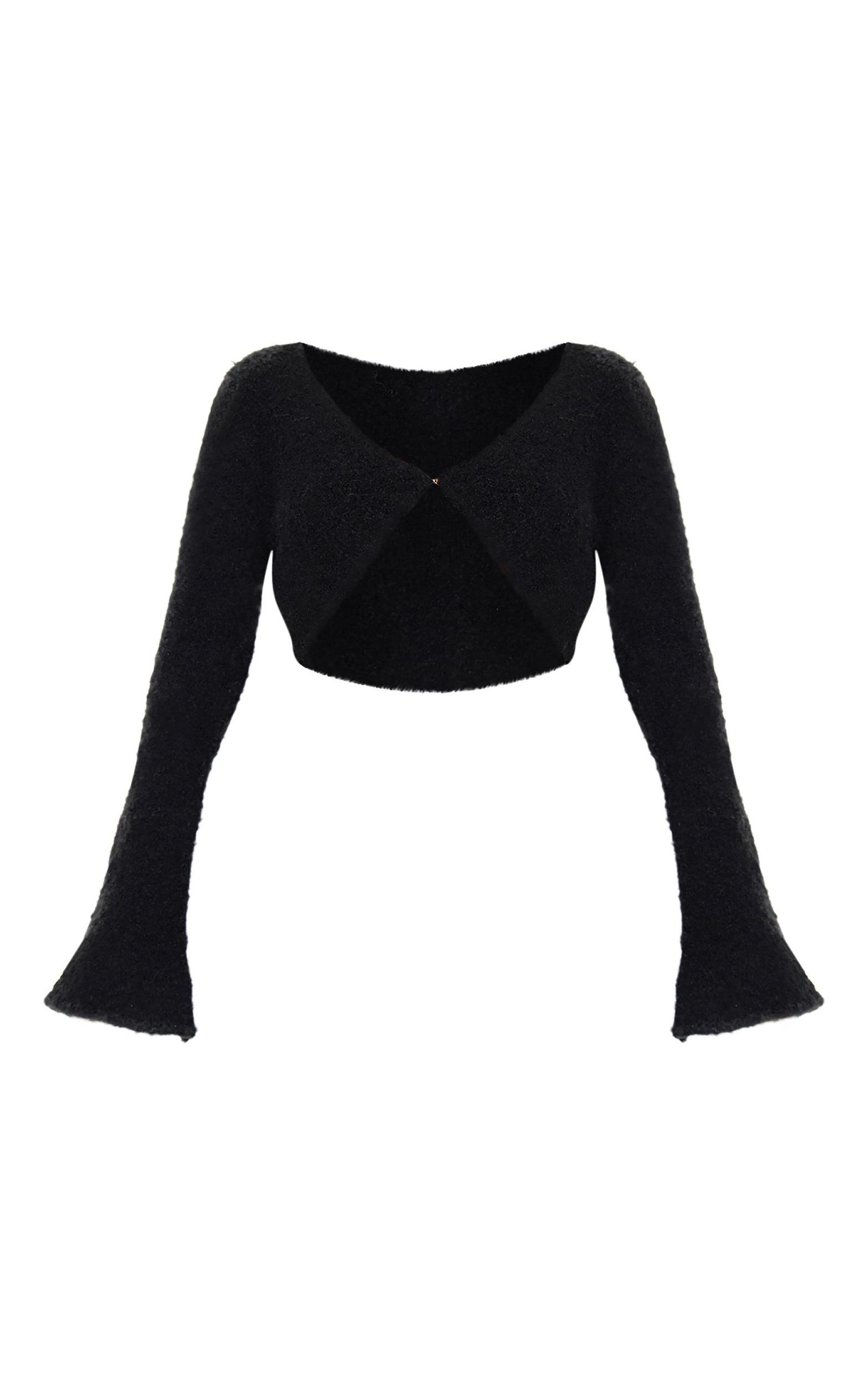 Black Stripe Textured Knit Flared Sleeve Mini Cardigan Product Image