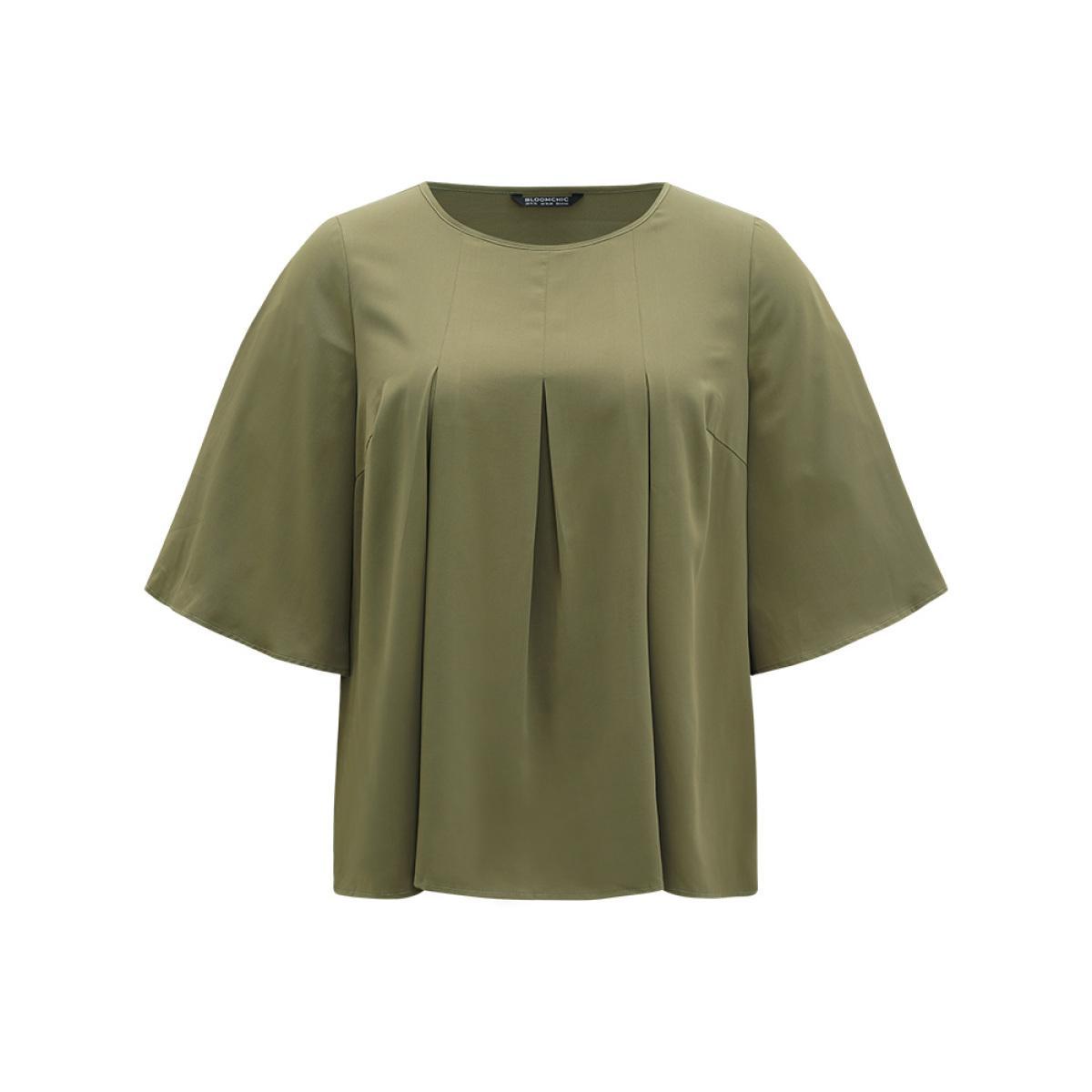 Plus Size ArmyGreen Plain Pleated Detail Bell Sleeve Blouse Women Office Elbow-length sleeve Round Neck Work Blouses BloomChic 22-24/3X Product Image
