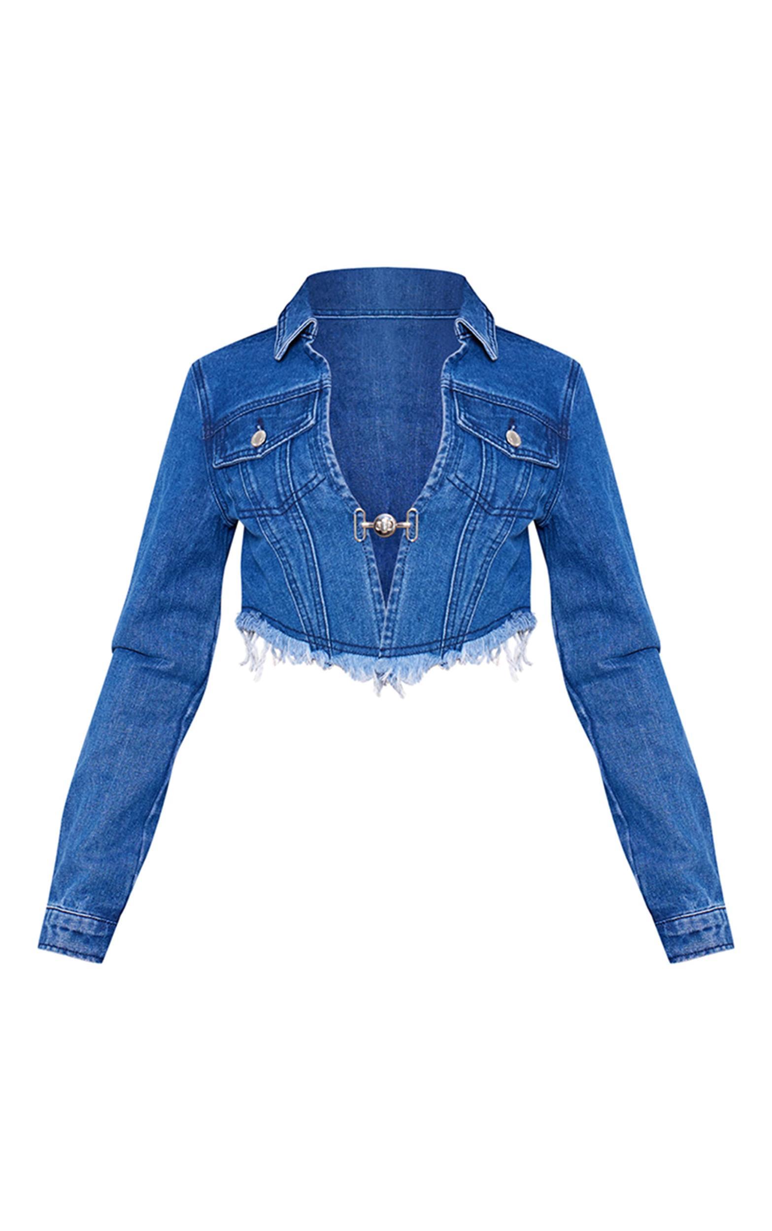 Petite Blue Denim Cropped Open Front Fitted Jacket Product Image