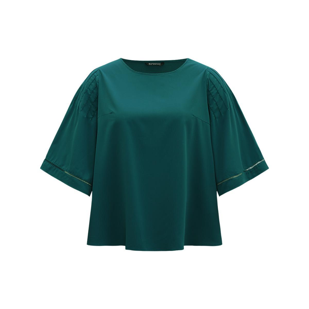 Plus Size Cyan Anti-Wrinkle Pleated Detail Flounce Sleeve Blouse Women Office Half Sleeve Round Neck Work Blouses BloomChic 30/6X Product Image