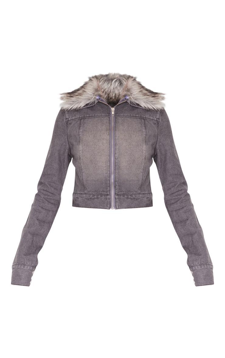 Washed Grey Faux Fur Trim Denim Biker Jacket Product Image