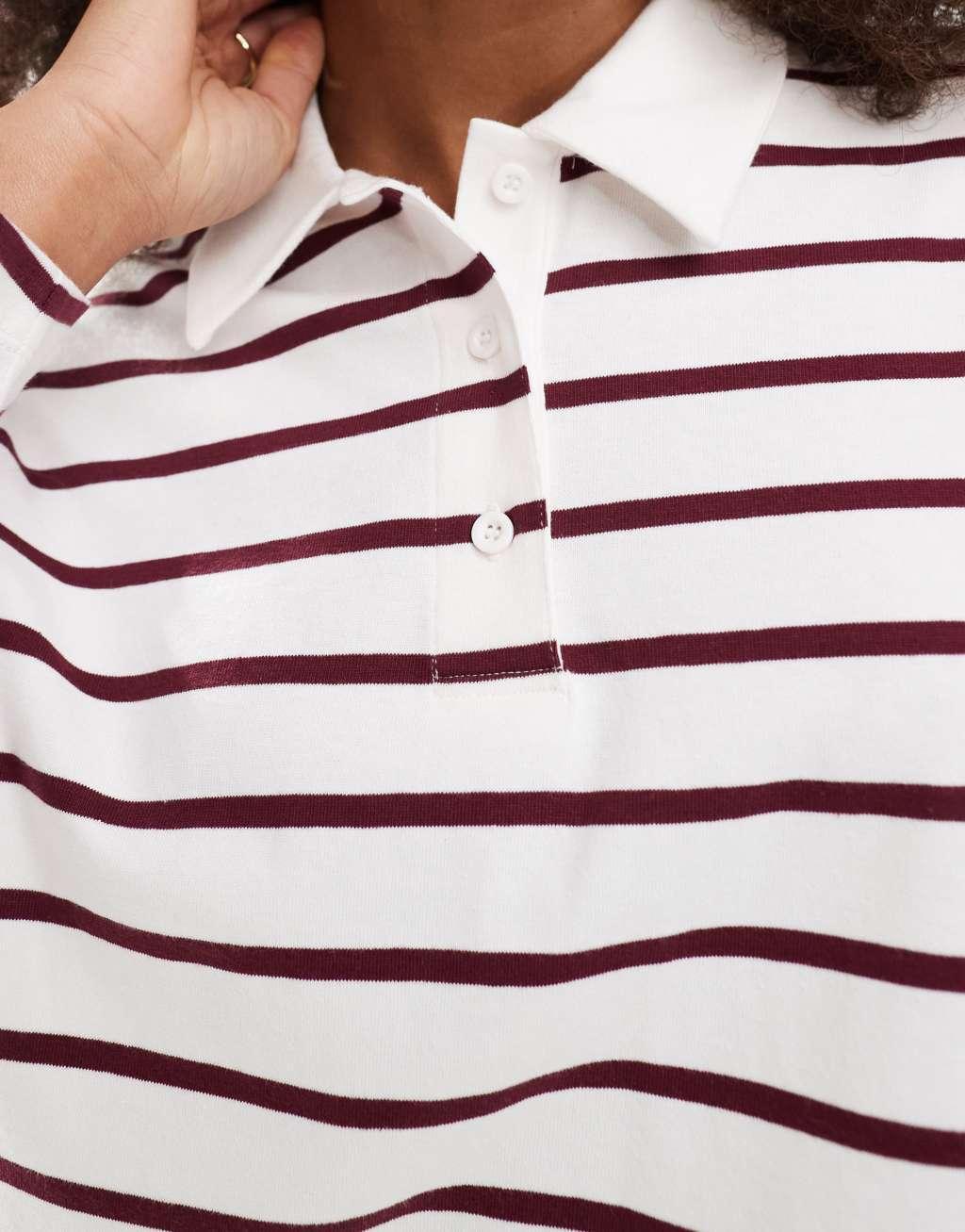 ONLY striped long sleeve polo in white & burgundy Product Image