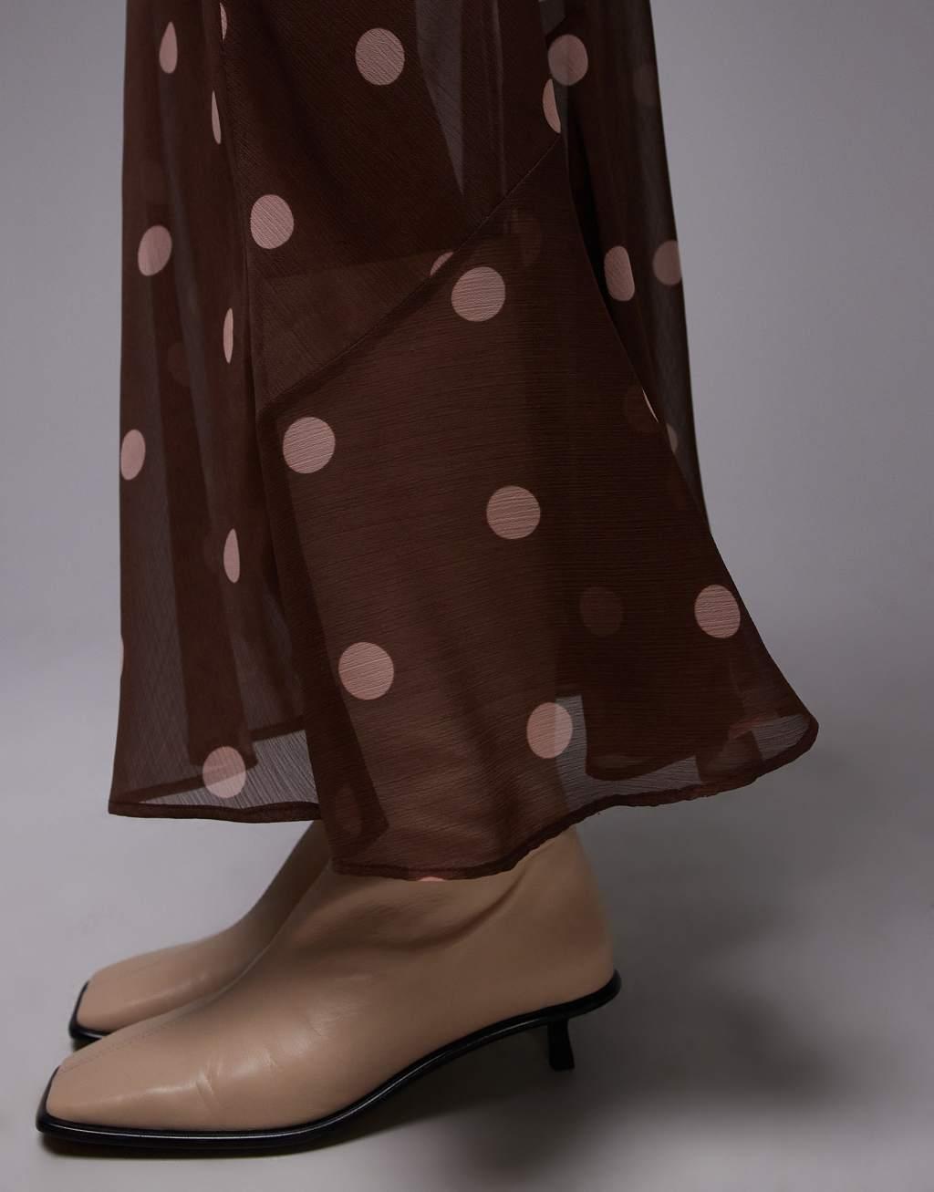 Topshop chiffon cutabout skirt in brown polka dot Product Image