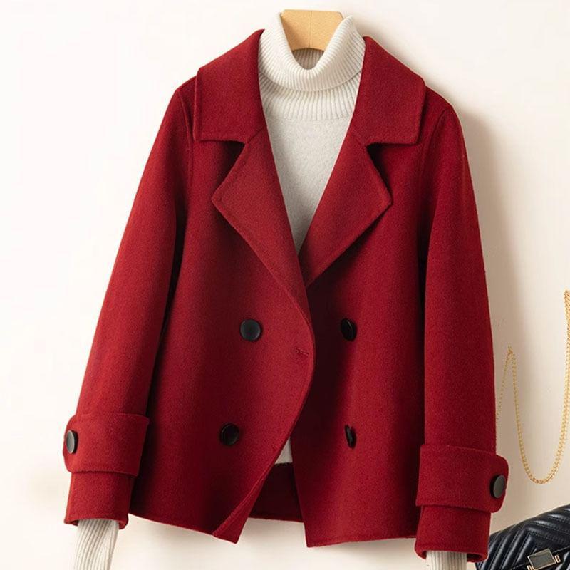 Collared Plain Double Breasted Short Coat Product Image