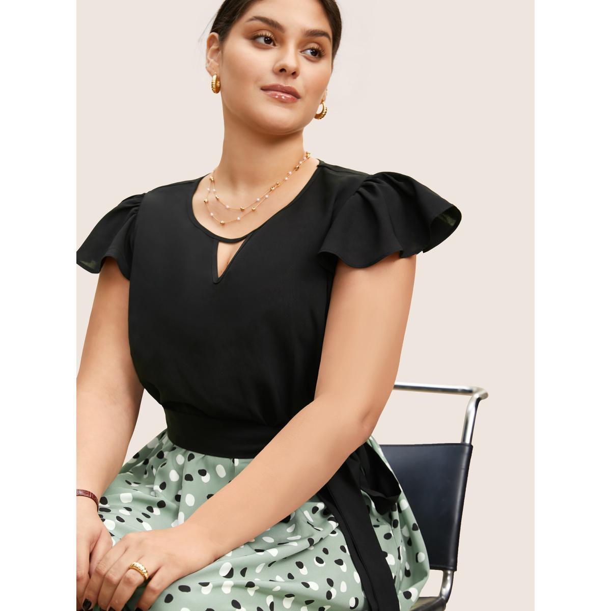 Plus Size Polka Dot Contrast Patchwork Keyhole Dress Palemauve Women At the Office Contrast Round Neck Cap Sleeve Curvy BloomChic 12/L Product Image