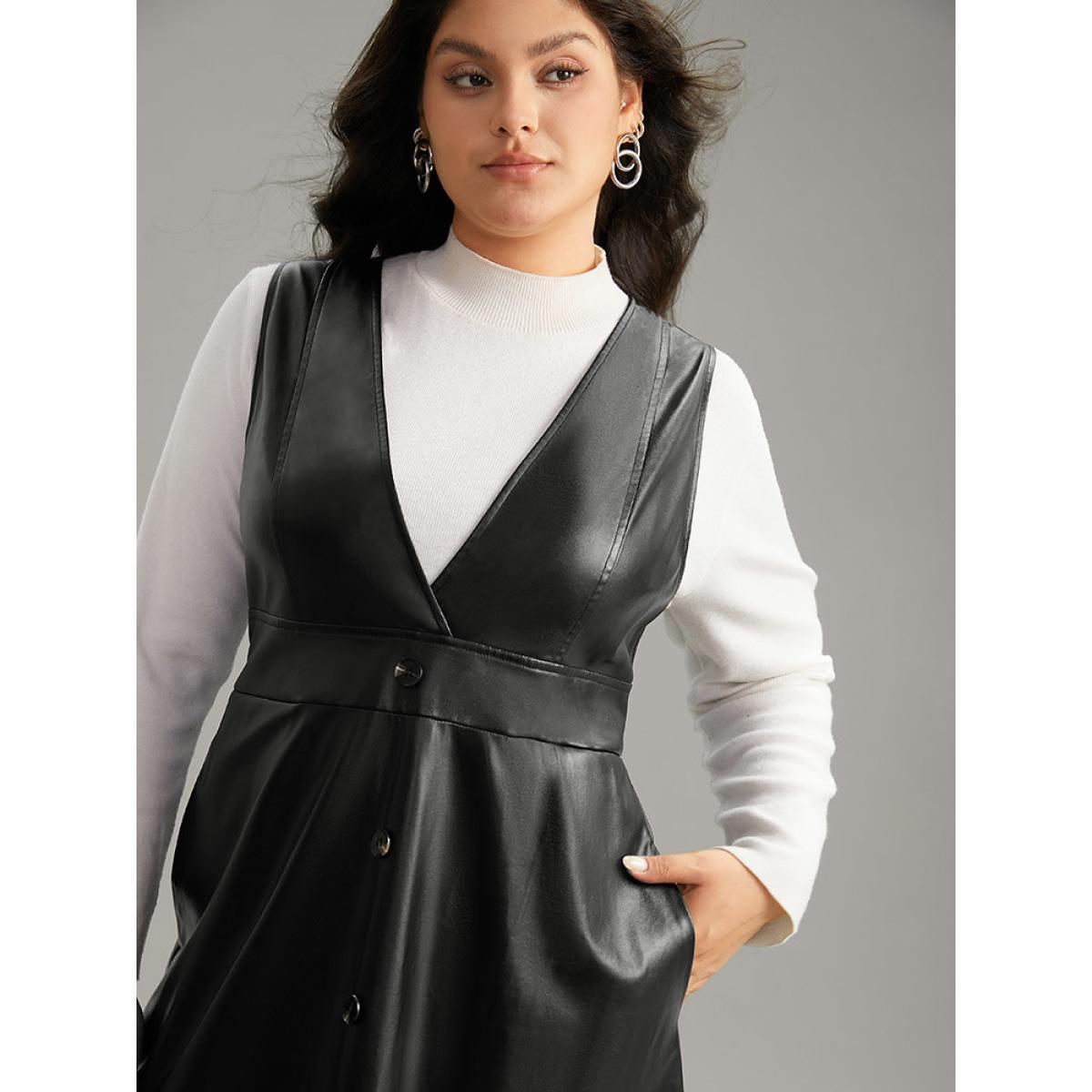 Plus Size PU Leather Sleeveless Button Detail Dress Black Women Office Plain V-neck Sleeveless Curvy Midi Dress BloomChic 18-20/2X Product Image
