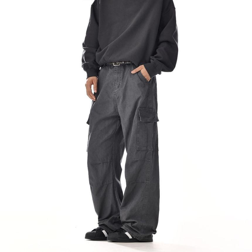 Mid Rise Plain Straight Leg Cargo Pants Product Image