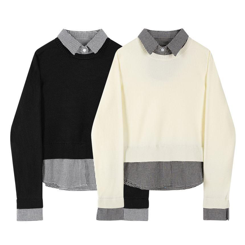 Collar Two Tone Plaid Panel Mock Two-Piece Sweater Product Image