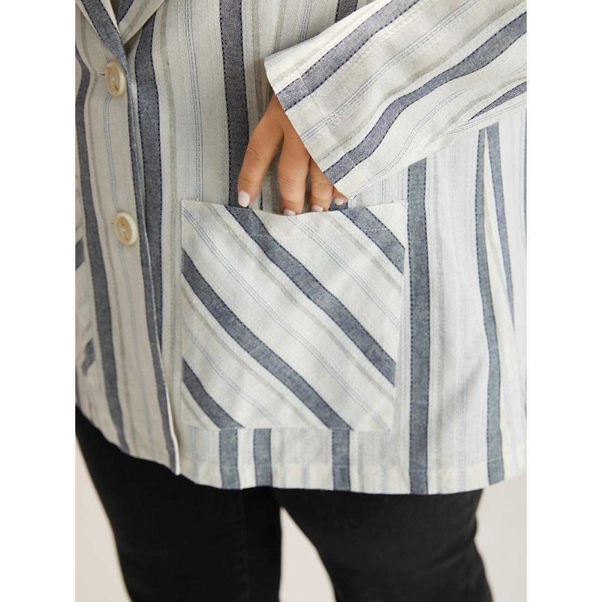 Plus Size Striped Suit Collar Pocket Blazer Blue Women Dailywear Striped Contrast Sleeve Long Sleeve Suit Collar 14-16/1X Pocket Casual Blazers BloomChic Product Image